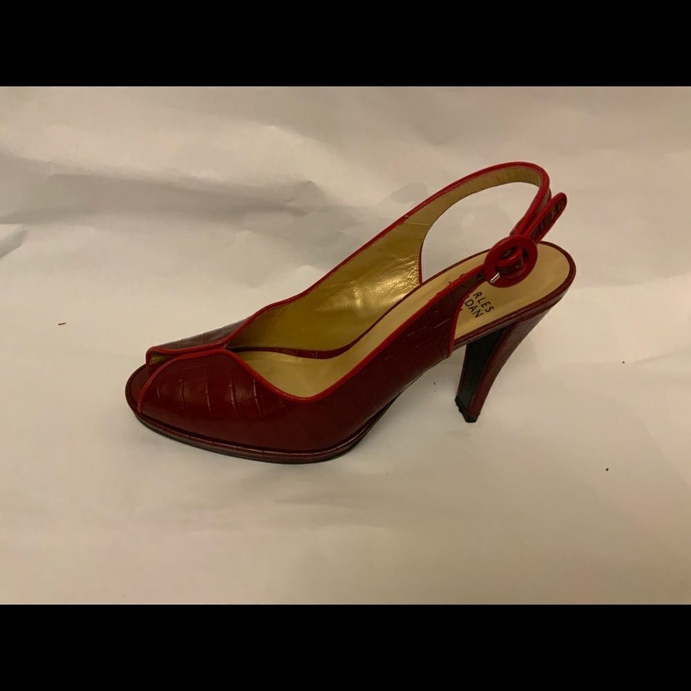 Charles Jourdan Red Alligator Print Peep Toe Heels Size 5-1/2 M